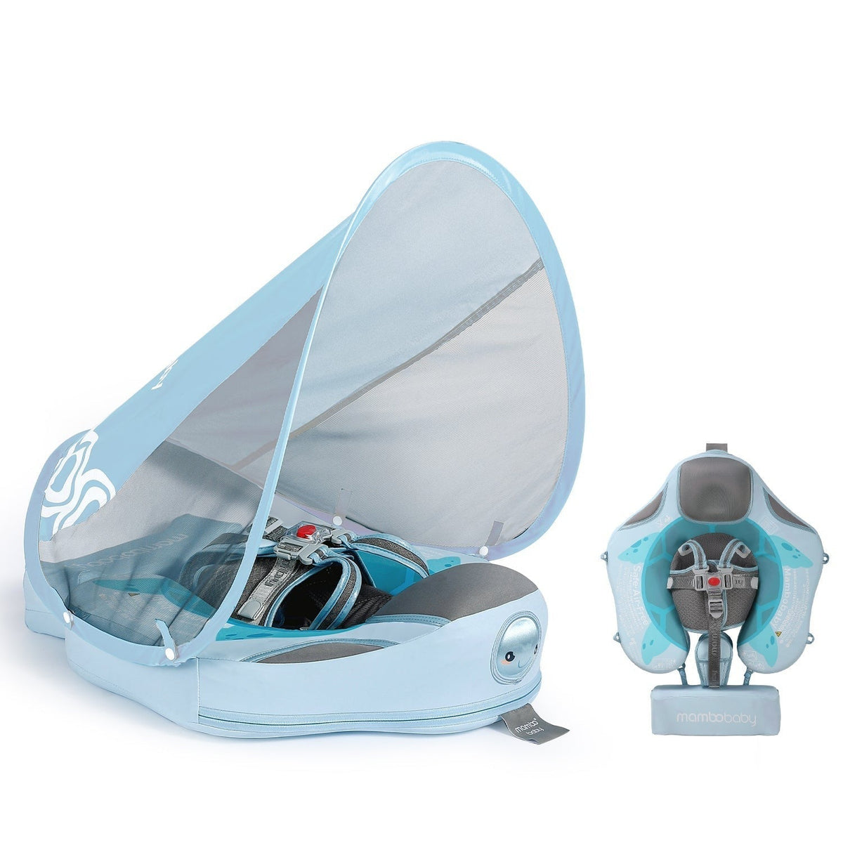 Luchtvrij babyfloat Mambobaby™ Schildpad – Luchtvrije zwemhulp in schildpadvorm, lichtblauw met gaas