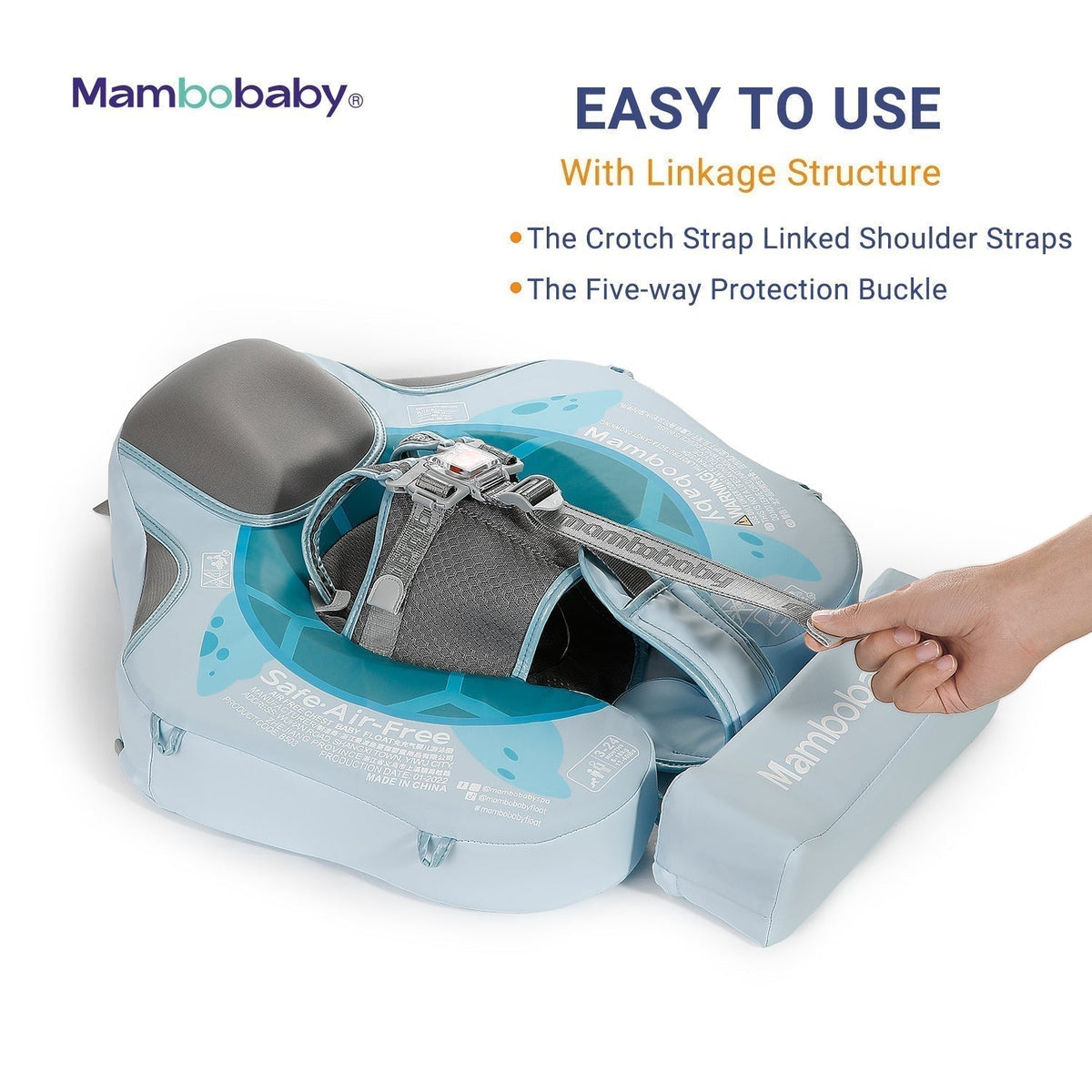 Luchtvrij babyfloat Mambobaby™ Schildpad – Luchtvrije zwemhulp lichtblauw met grijs harnas, gesp en riemen