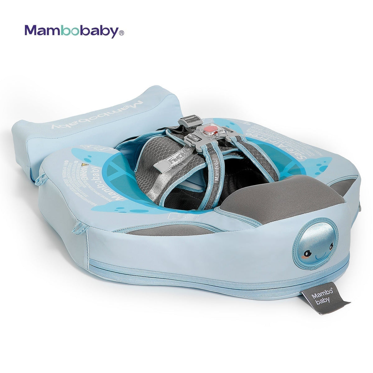 Luchtvrij babyfloat Mambobaby™ Schildpad – Luchtvrije zwemhulp lichtblauw met grijze hoofdsteun en harnas