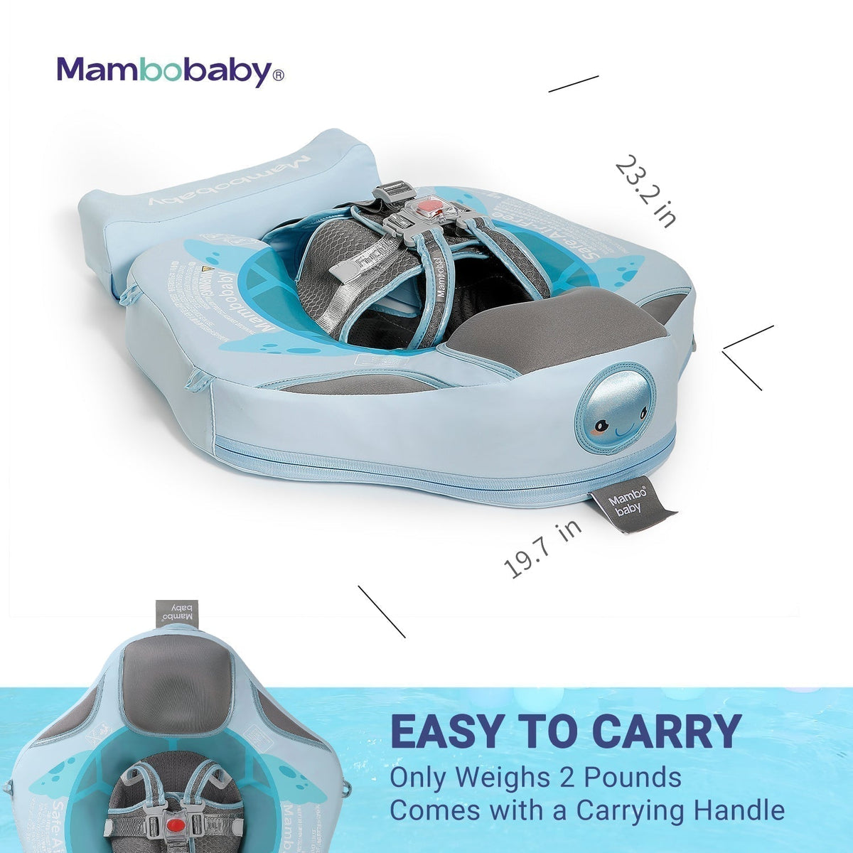 Luchtvrij babyfloat Mambobaby™ Schildpad – Luchtvrije zwemhulp lichtblauw met draaghandvat en grijze hoofdsteun