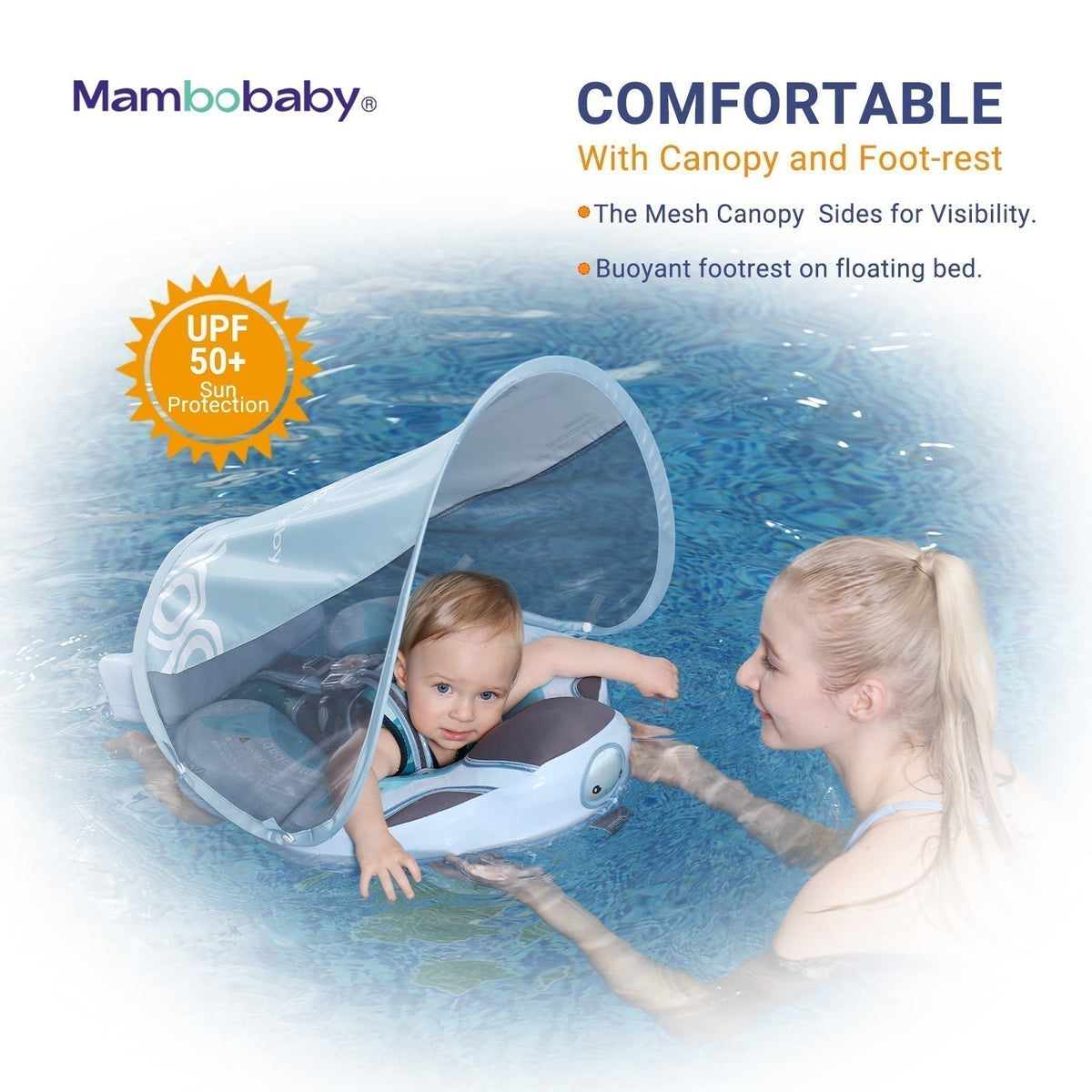 Luchtvrij babyfloat Mambobaby™ Schildpad – Luchtvrije zwemhulp met gaas-zonnekap en voetsteun voor kinderen