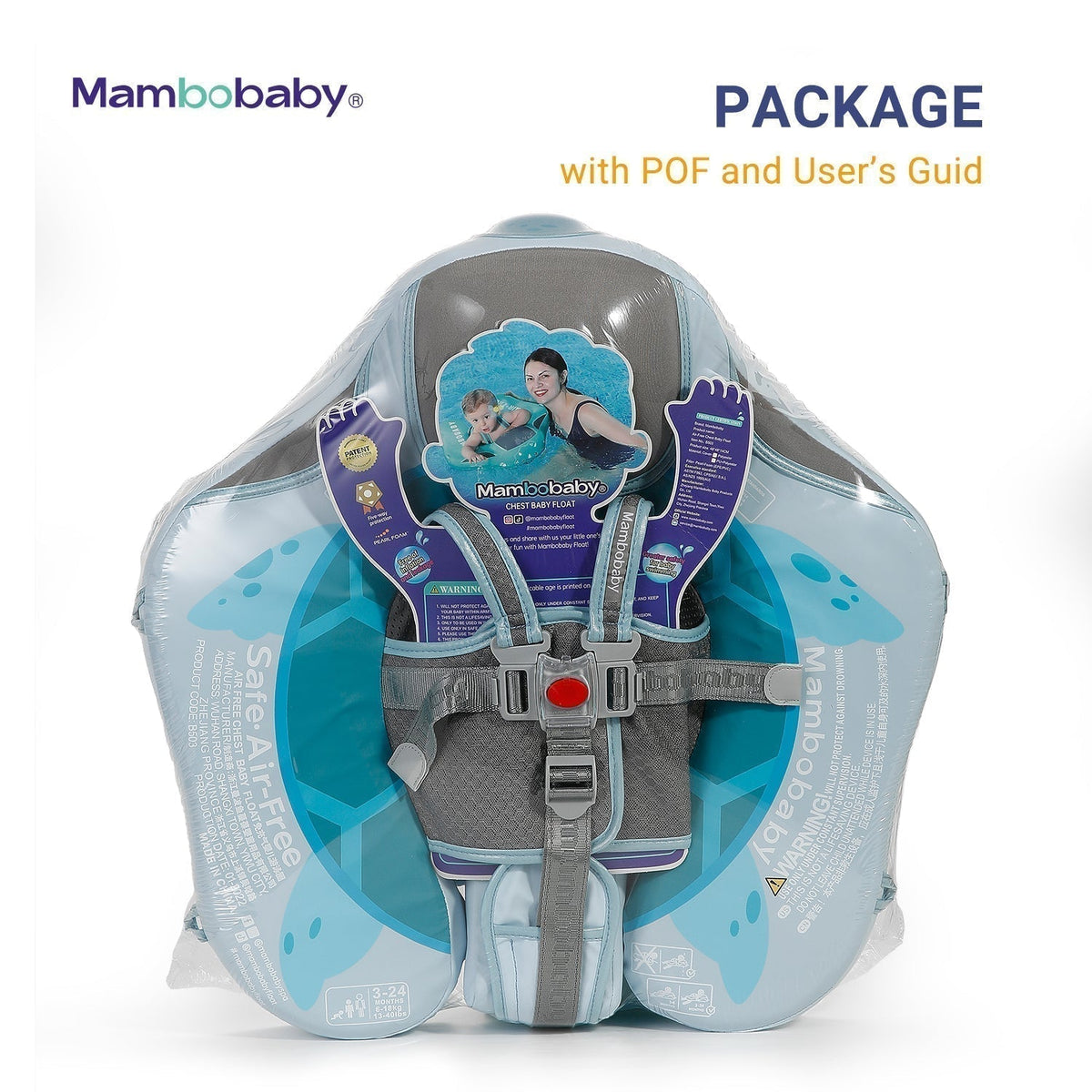 Luchtvrij babyfloat Mambobaby™ Schildpad – Verpakking van de luchtvrije zwemhulpset met harnas en gebruikershandleiding