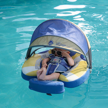 Mambobaby™ zwemhulpje met zonnekap en harnas, blauw en geel, met baby erin