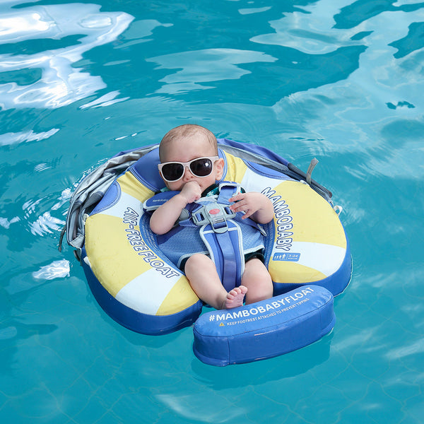 Mambobaby™ zwemvest, blauw en geel, met zonnekap, met baby