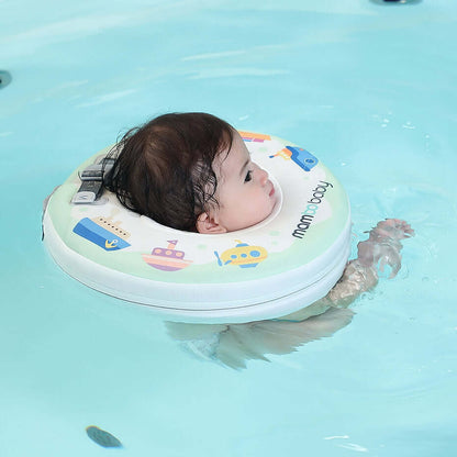 Nekring baby zonder lucht Mambobaby™ Bootjes – Groene nekring zonder lucht met harnas, gedragen door...