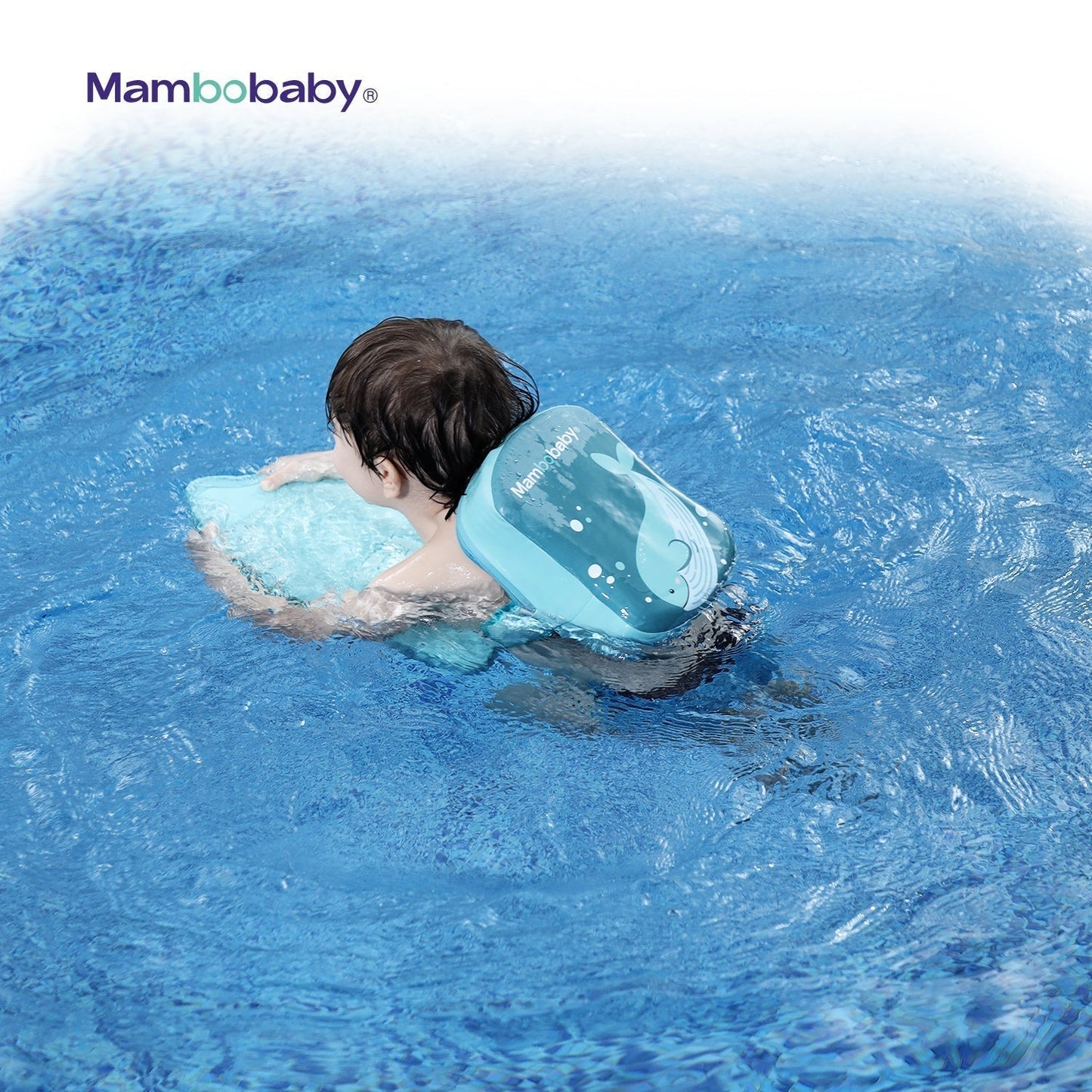 Mambobaby™ Rugfloat in het water, turquoise rugstuk met walvisontwerp