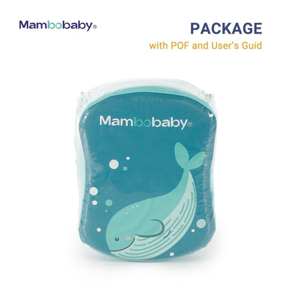Verpakking van het Mambobaby™ Rugfloat-zwemhulpje, turquoise rugstuk met walvis en plastic