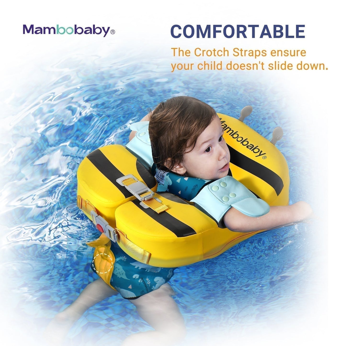 Luchtvrije schouderfloat Mambobaby™ Bij – Schouderfloat met beenriempjes, baby in het water