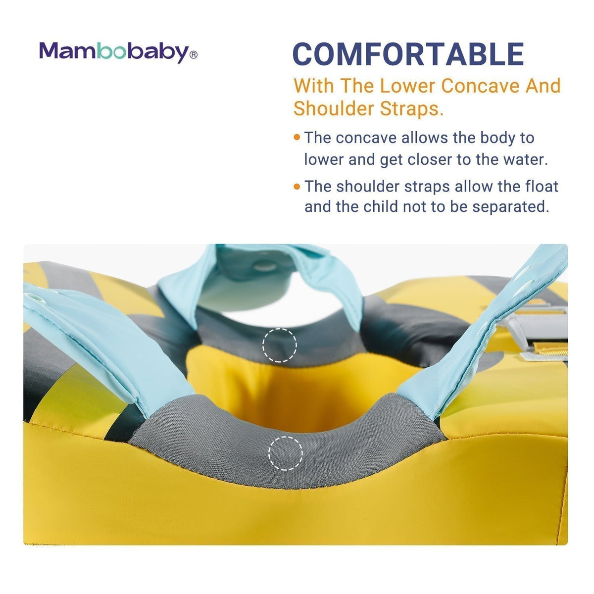Luchtvrije schouderfloat Mambobaby™ Bij – Schouderfloat met onderste bevestigingsriemen, binnenaanzicht