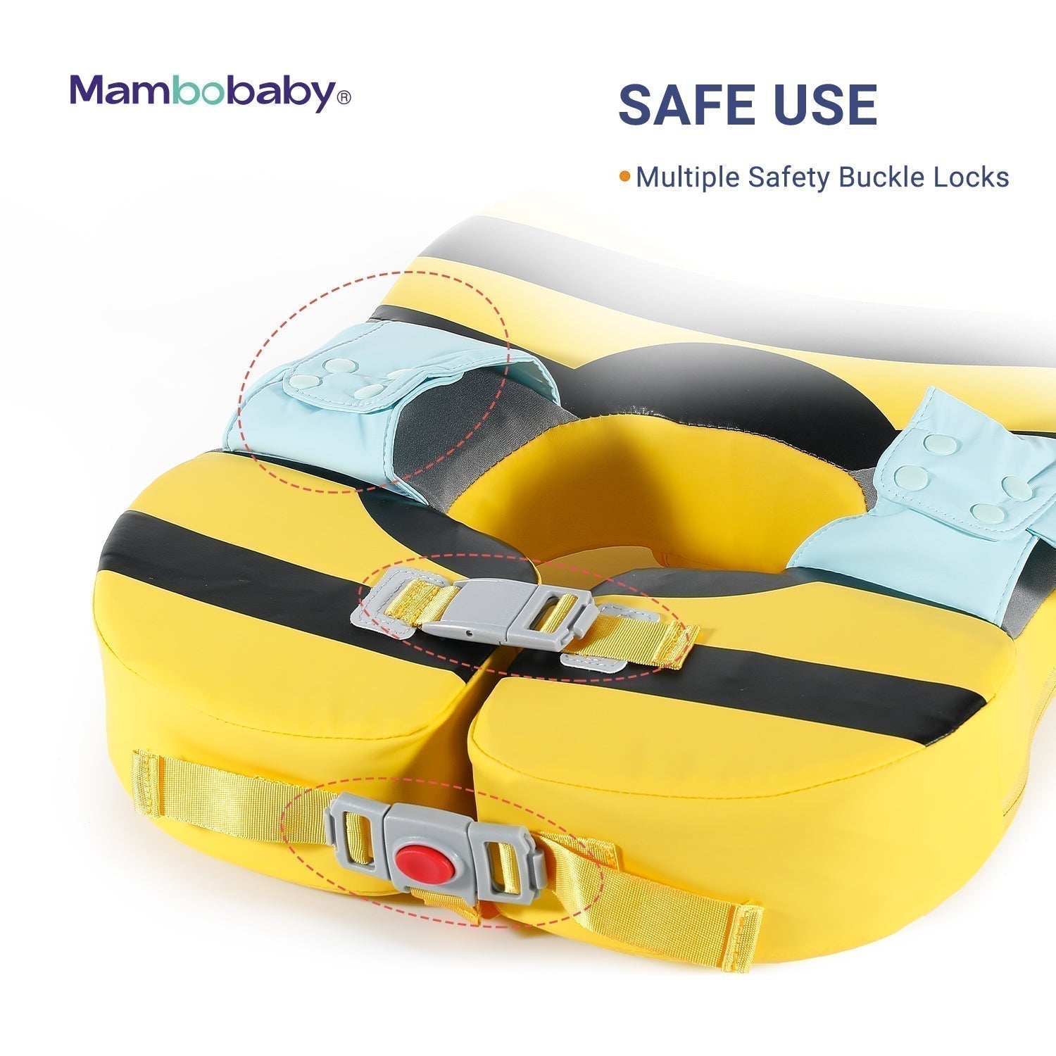 Luchtvrije schouderfloat Mambobaby™ Bij – Geel schouderfloat met veiligheidsgespen en riemen...