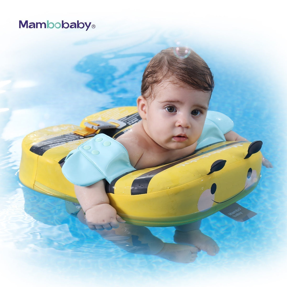 Luchtvrije schouderfloat Mambobaby™ Bij – Geel schouderfloat met blauwe hoofdsteun, baby...