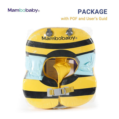 Luchtvrije schouderfloat Mambobaby™ Bij – Geel en lichtblauw in verpakking...
