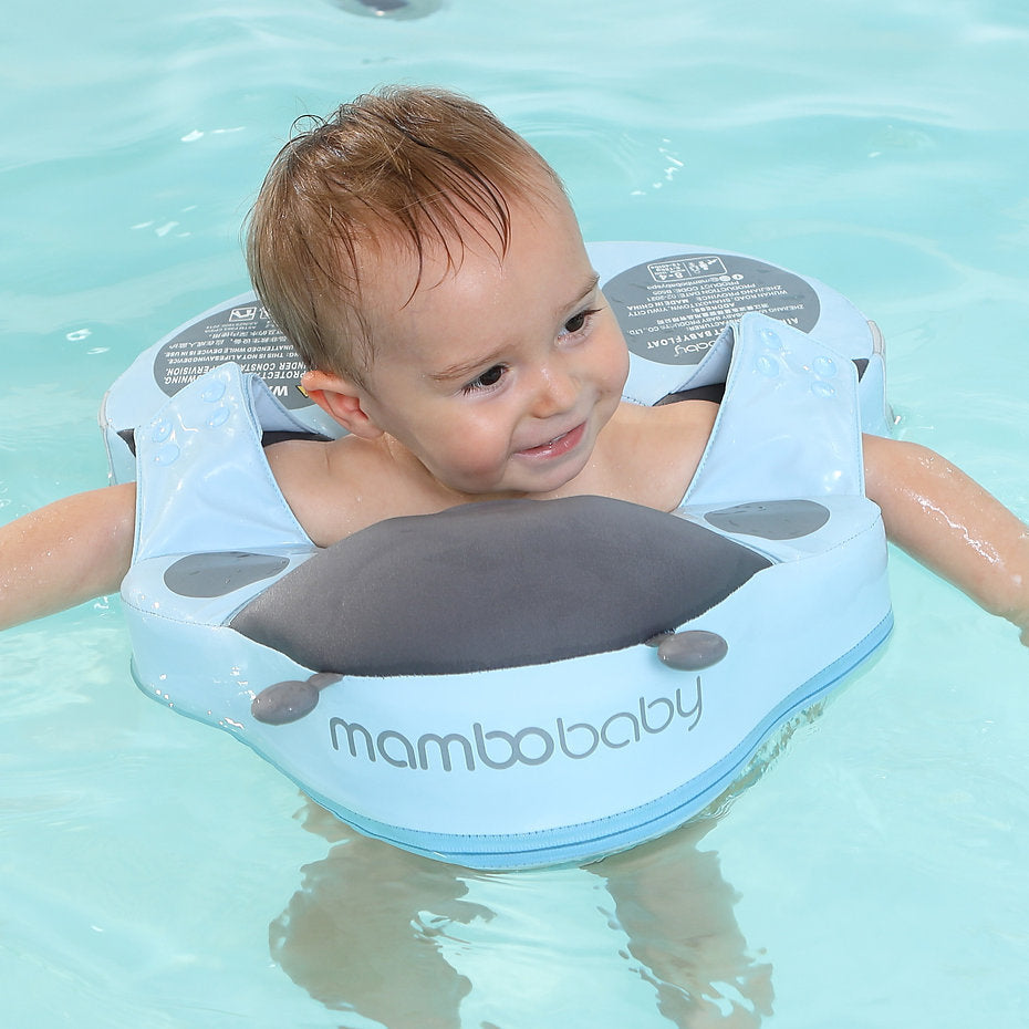 Mambobaby™ Lieveheersbeestje schouderfloat – hemelsblauwe zwemhulp met grijze hoofdsteun en zonnekap...