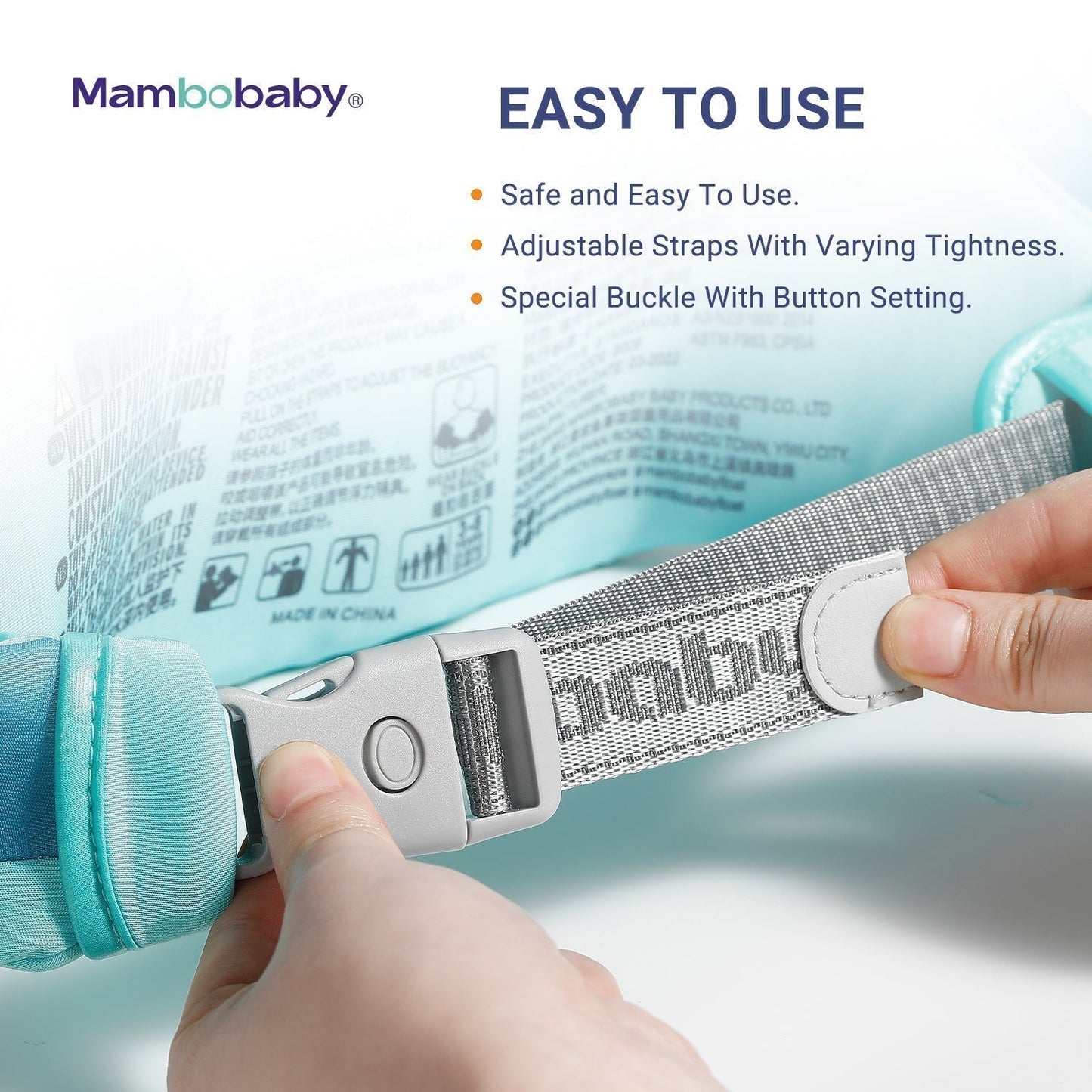 Mambobaby™ zwemhulp blauw met gesp en verstelbare band aan het harnas